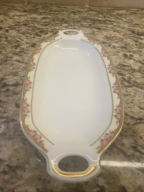 Vintage Edwin Knowles Vitreous China Co. Relish Butter Dish Pink Floral Gold Rim